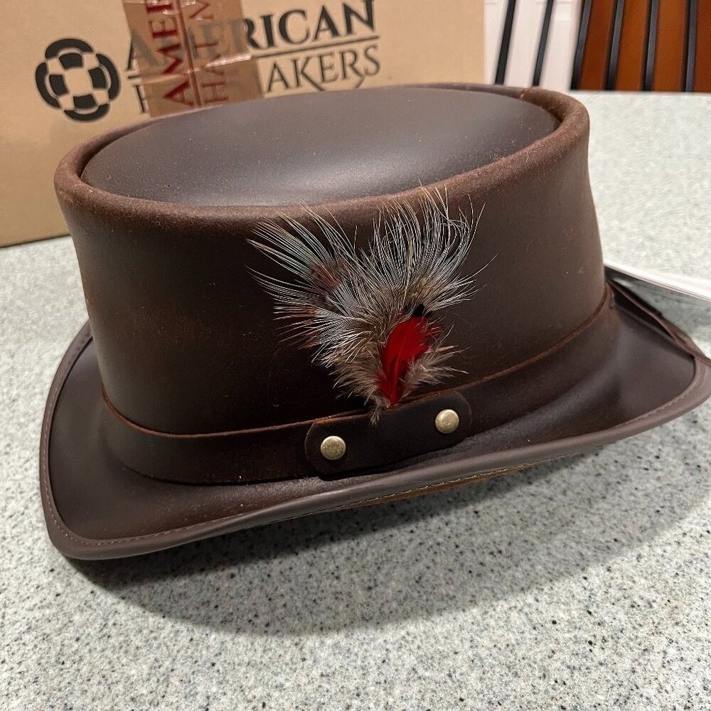 Mens Brown Cowhide Leather Top Hat Marlow with LT Band Feather Deerskin Laci
